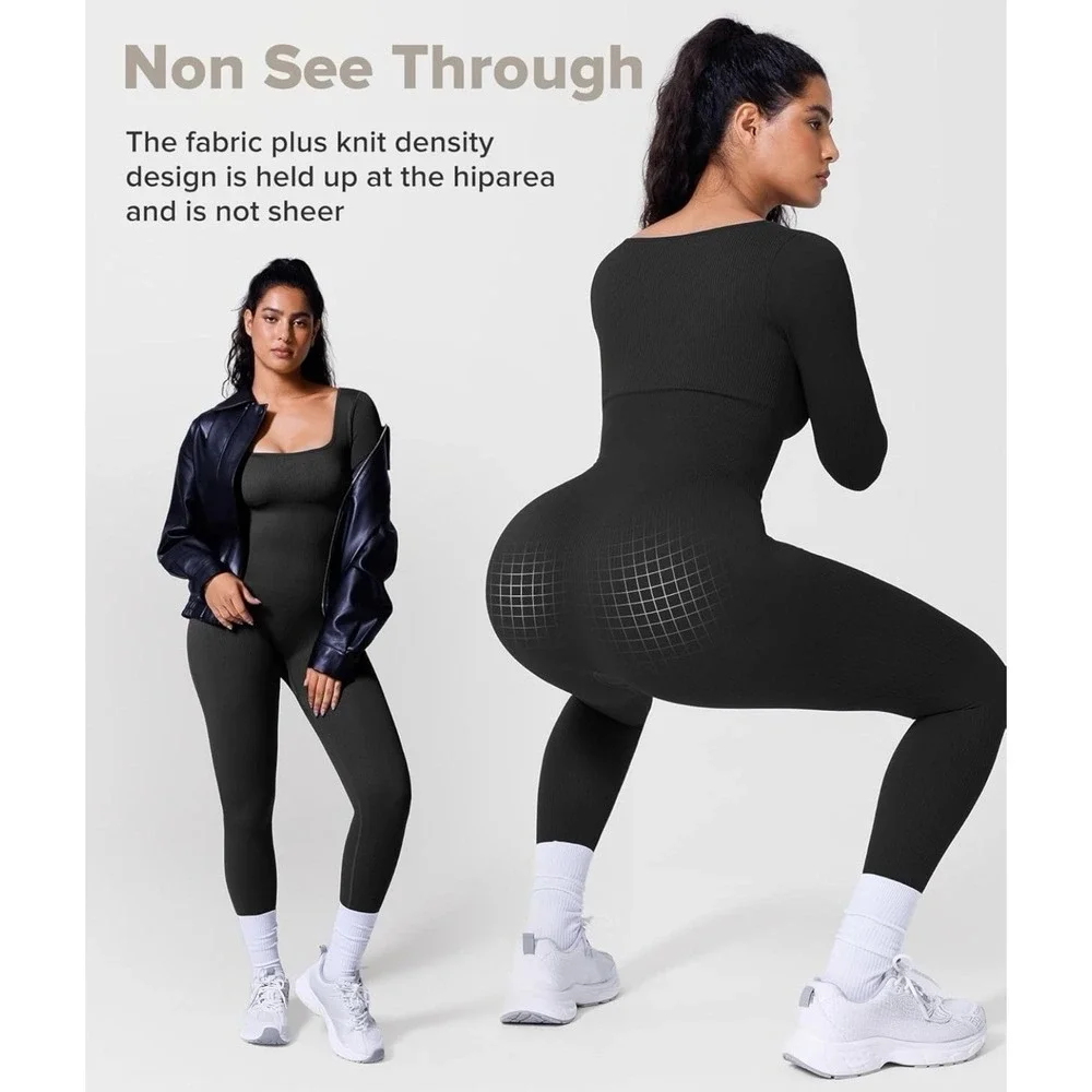 Black Long Sleeve Jumpsuit Workout Yoga Full Body Control Shapewear One Piece M
